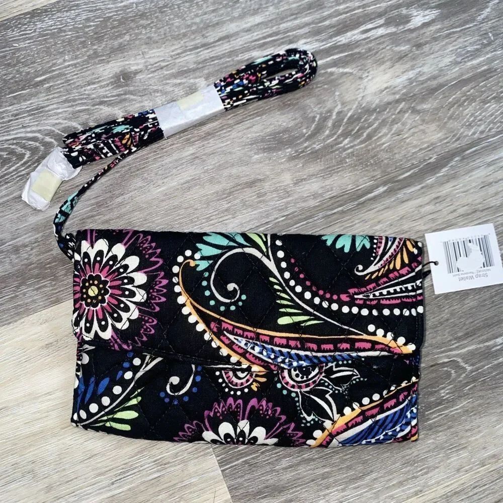 New Vera Bradley Black Paisley Floral Swirl Strap Wallet Crossbody Retired